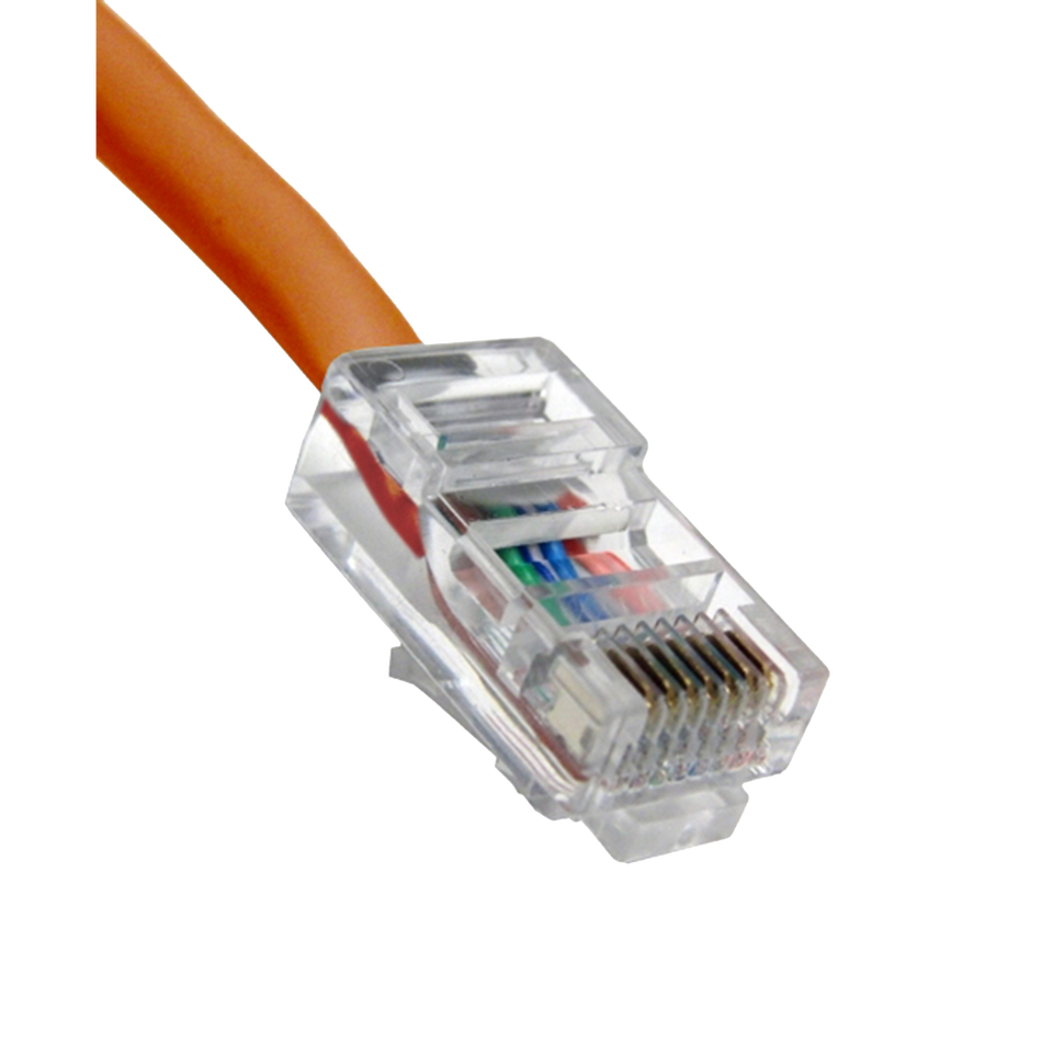 Cat5e Ethernet cable connector with orange cable on a white background