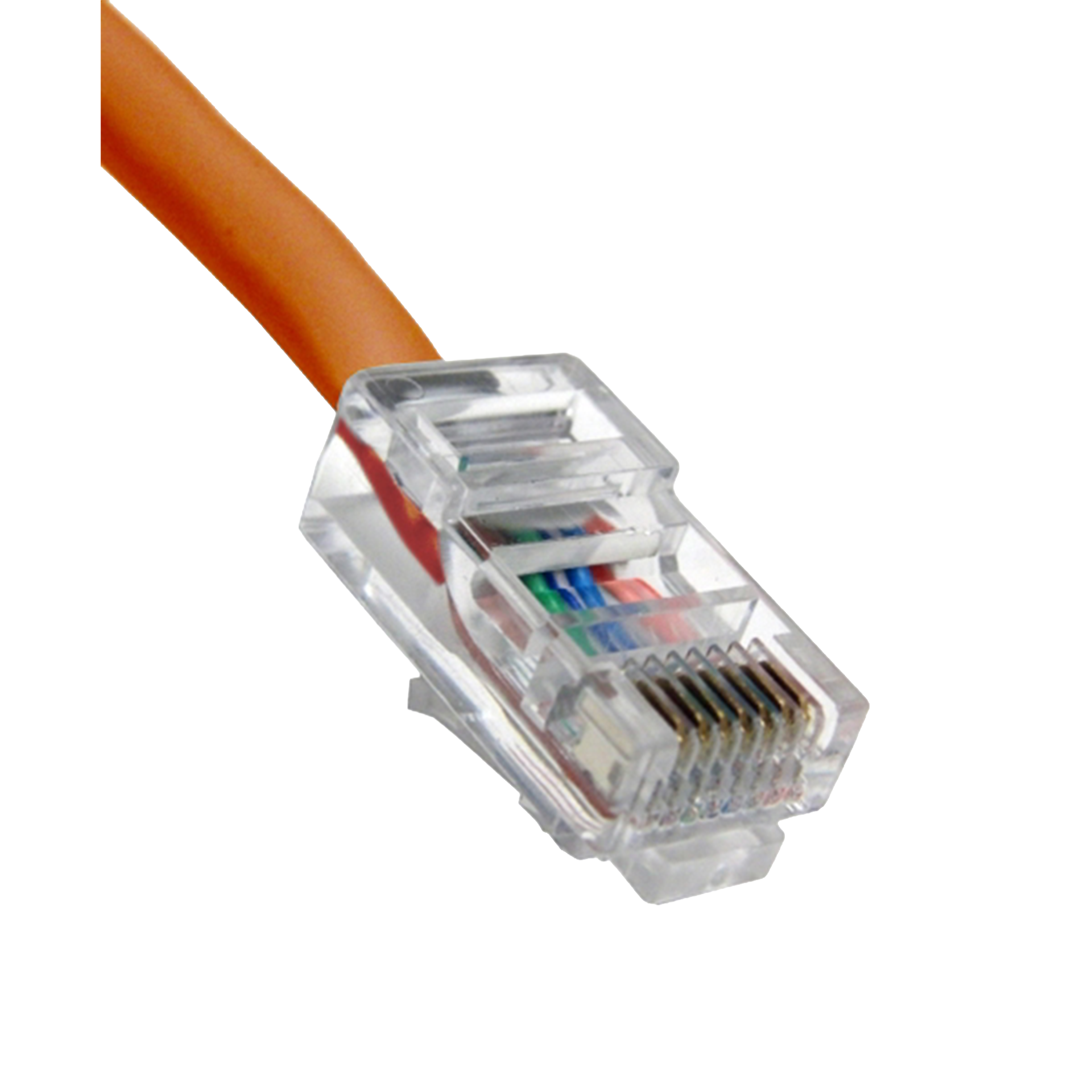 Ethernet cable connector with orange cable on a white background