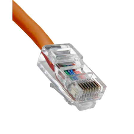 Ethernet cable connector with orange cable on a white background
