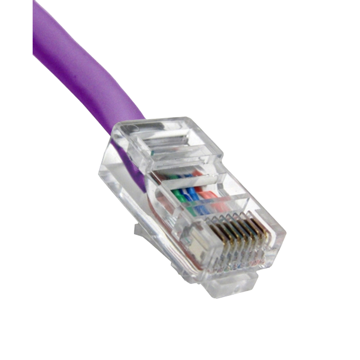 Close-up of a Cat5e purple Ethernet cable connector on a white background