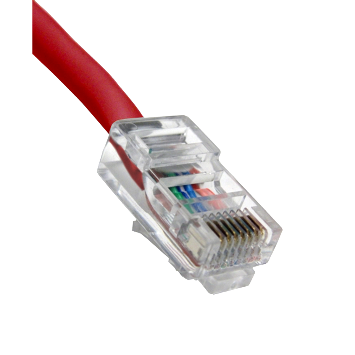 Red Ethernet cable with clear connector on a white background