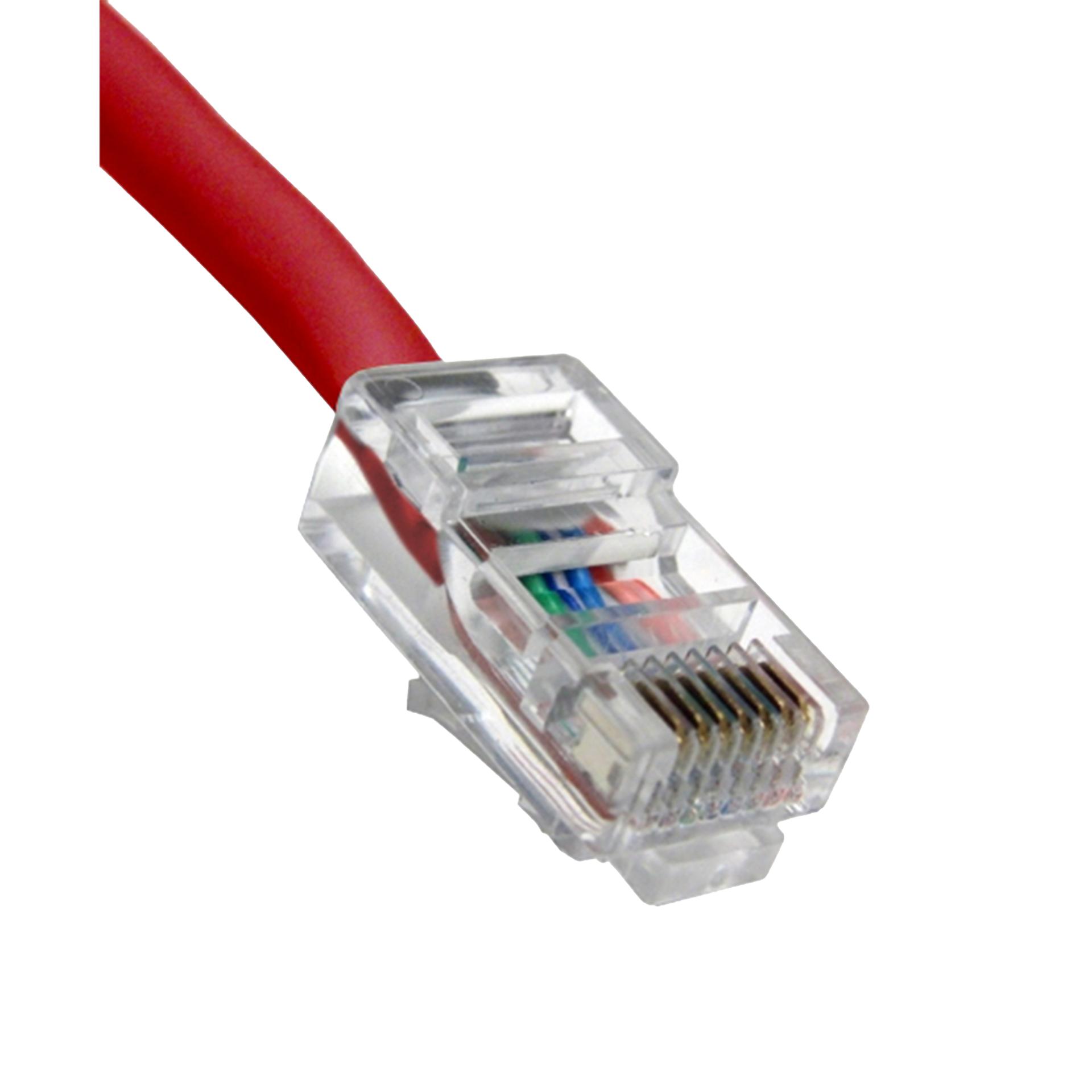 Red Ethernet cable with clear connector on a white background