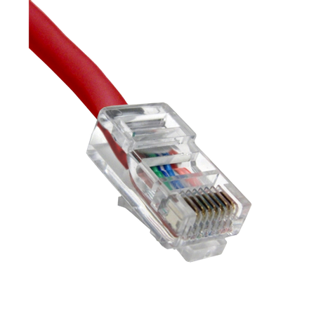 Red Ethernet cable with clear connector on a white background