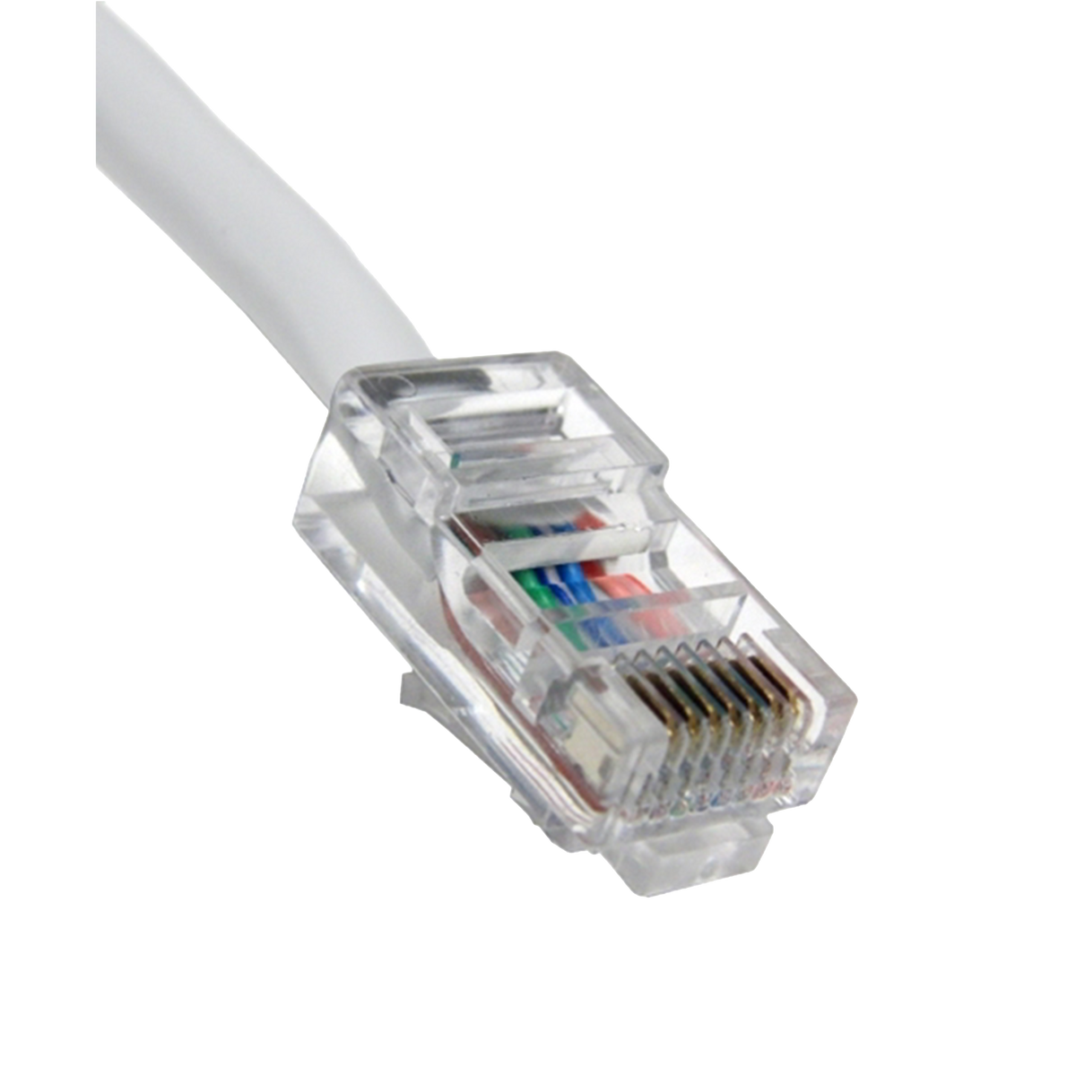 Close-up of a white Cat5e Ethernet cable connector on a white background