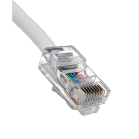 Close-up of a white Cat5e Ethernet cable connector on a white background