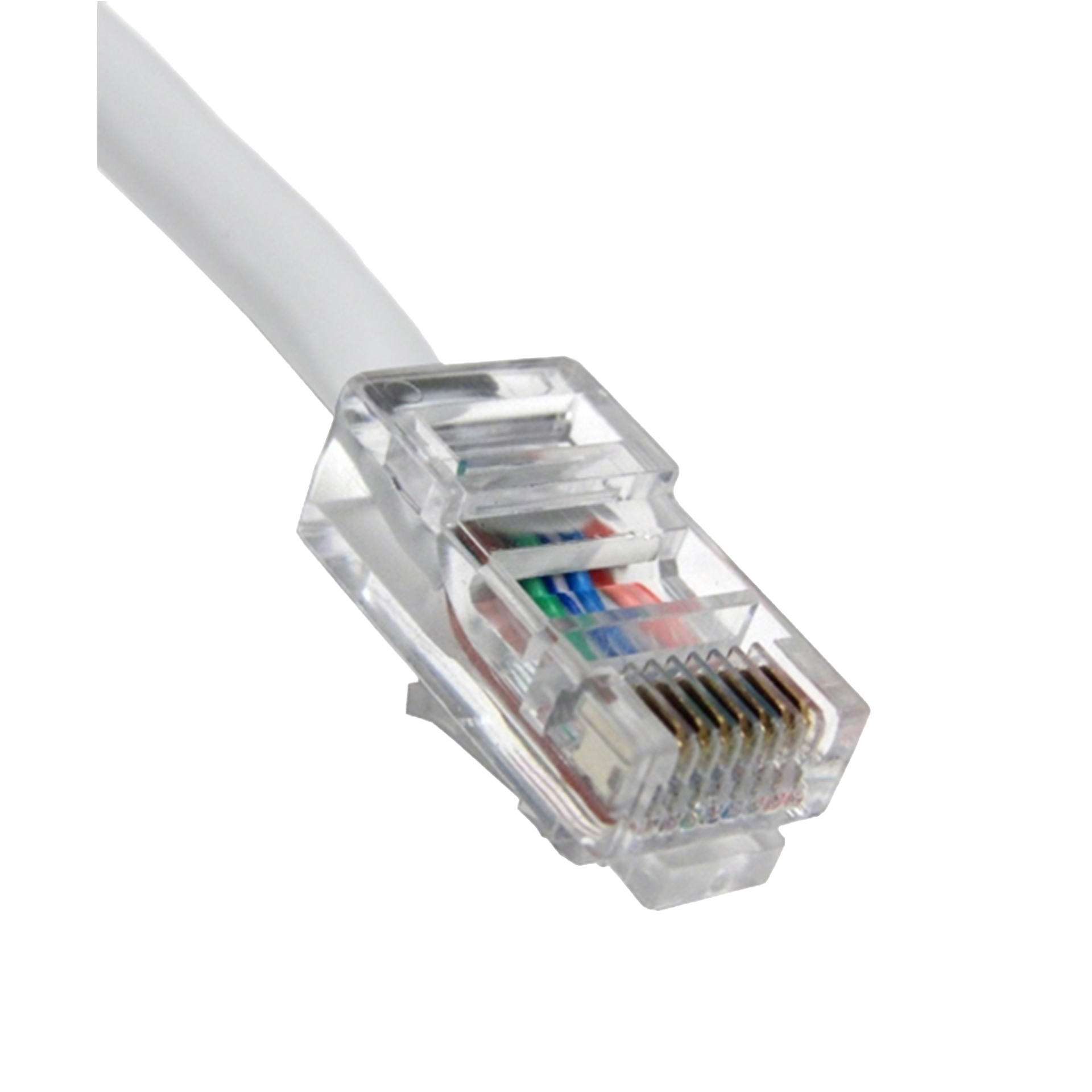Close-up of a white Ethernet cable on a white background