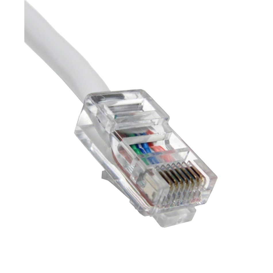 Close-up of a white Ethernet cable on a white background