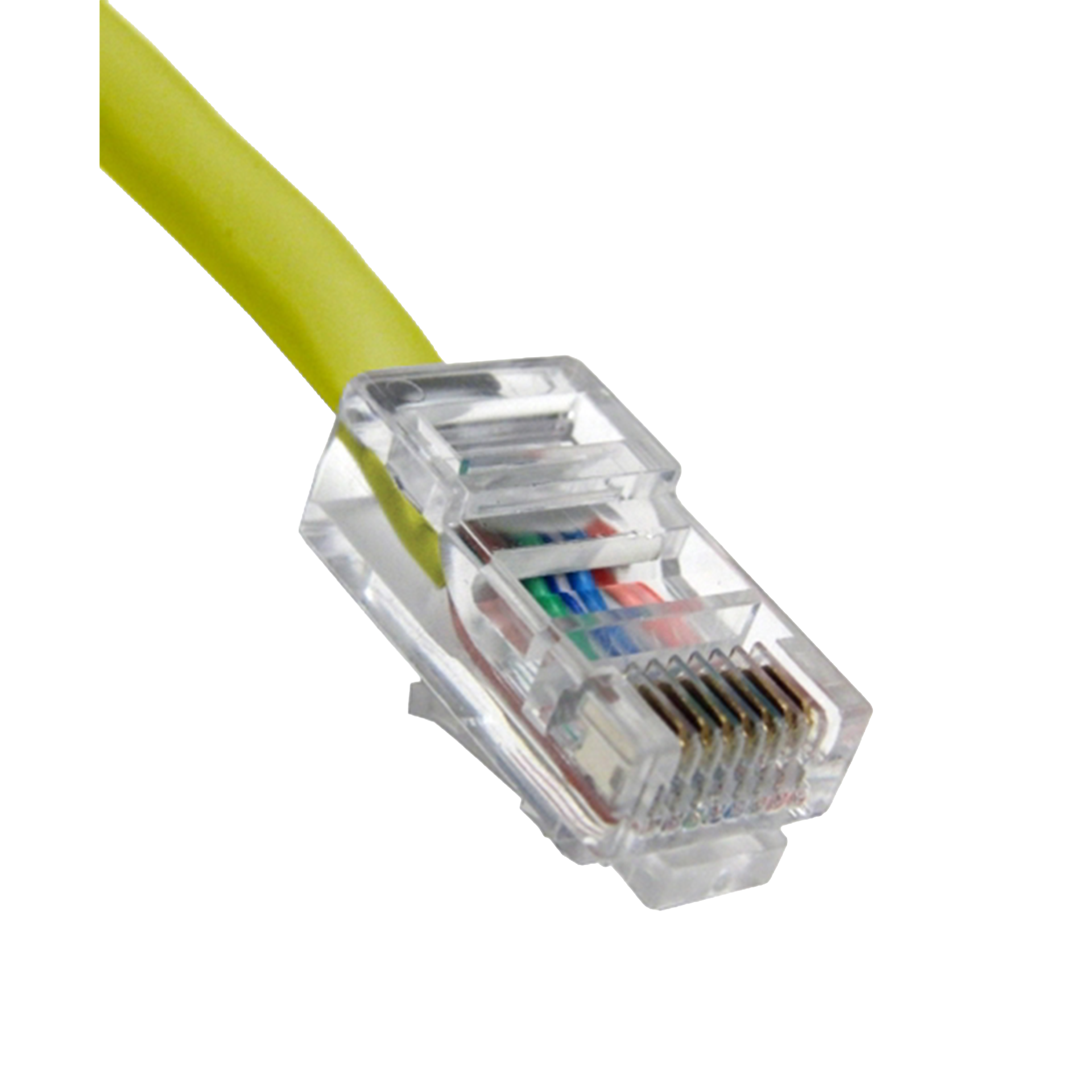 Close-up of a yellow Ethernet cable connector on a white background