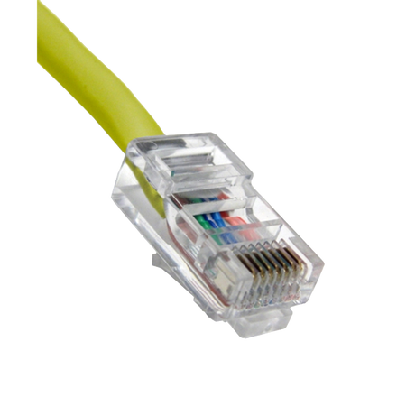 Close-up of a yellow Ethernet cable connector on a white background