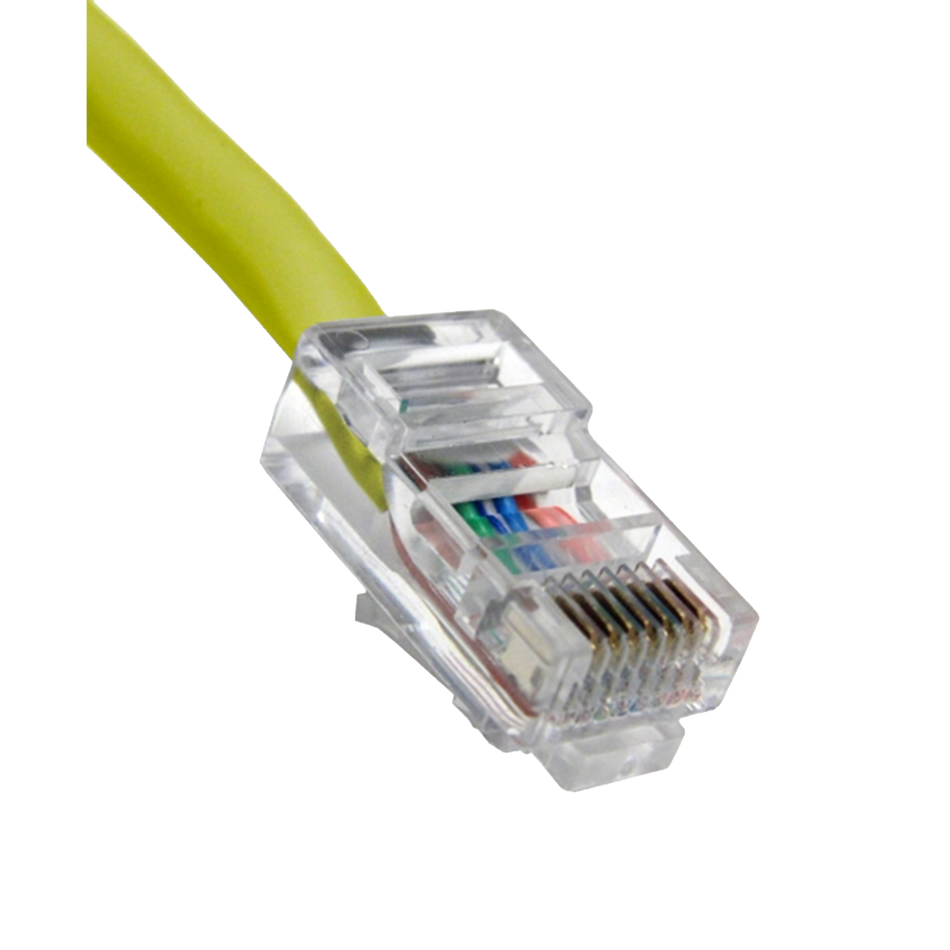 Close-up of a yellow Ethernet cable on a white background