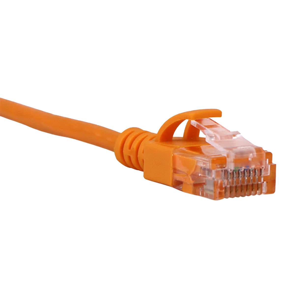 Orange Cat6 slim Ethernet cable with clear connector on a white background