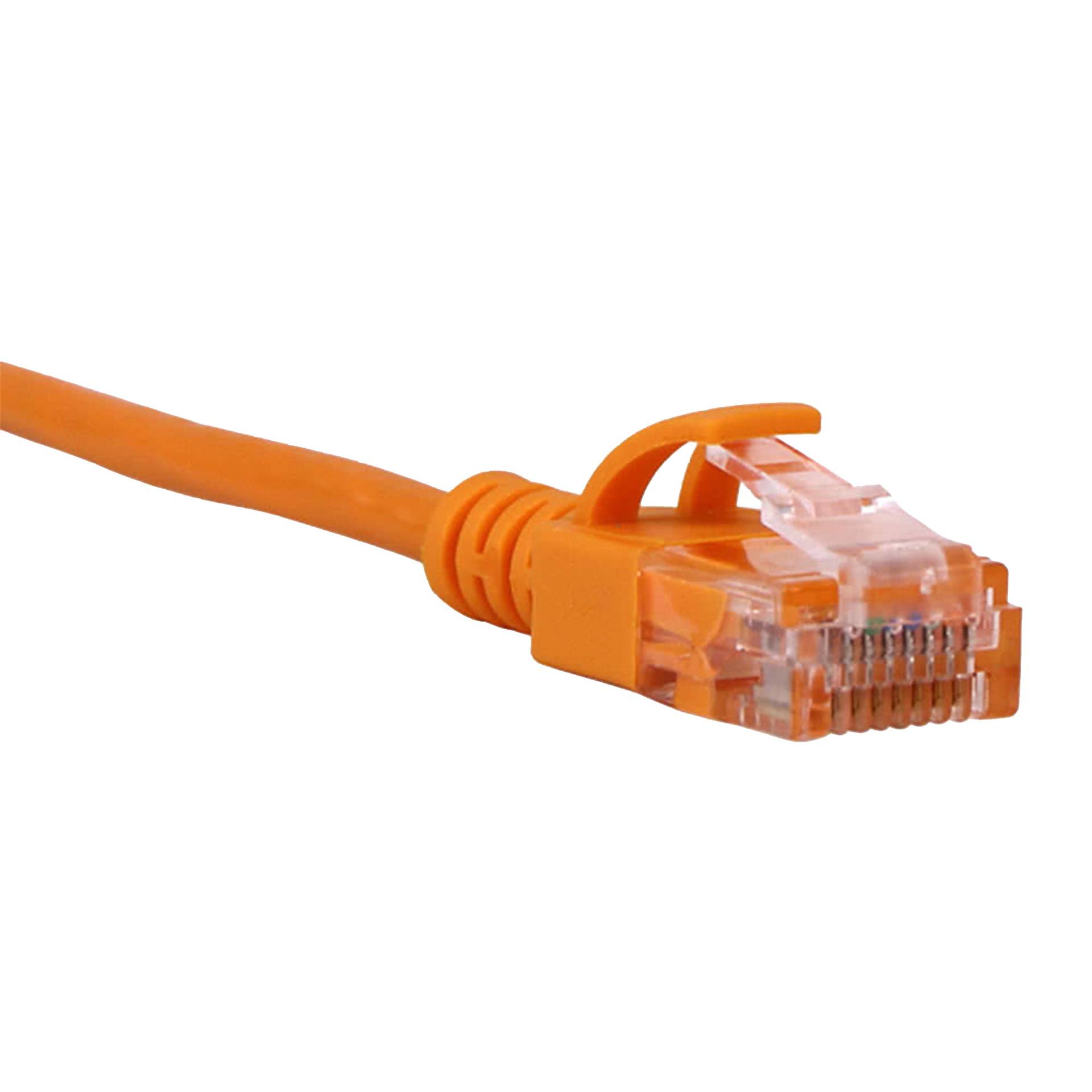 Orange Cat6a slim Ethernet cable with clear connector on a white background