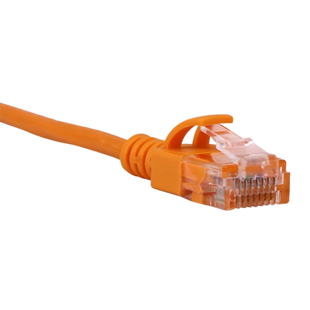 Orange Cat6a slim Ethernet cable with clear connector on a white background