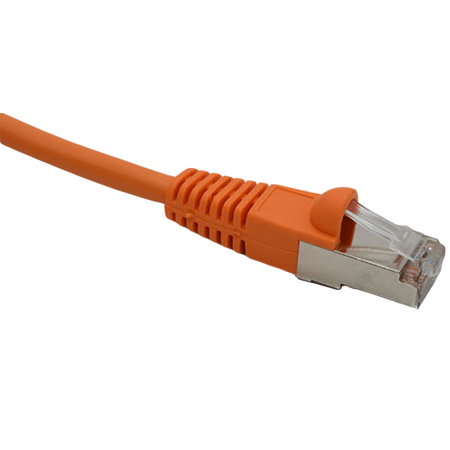 Orange Cat6 double-shielded Ethernet cable with clear connector on a white background