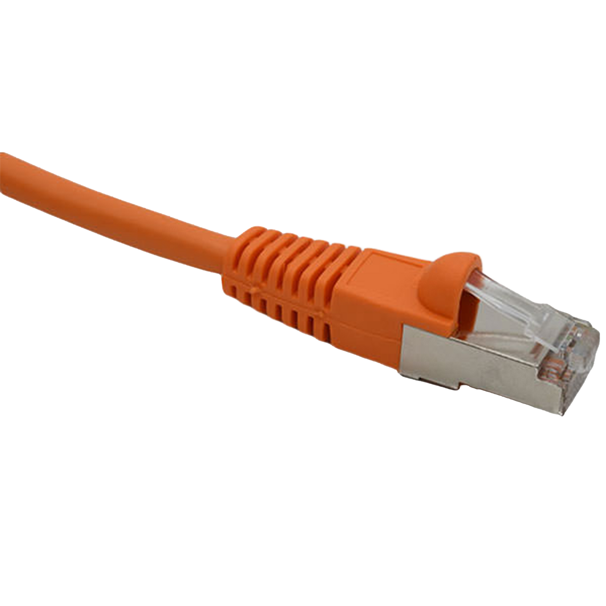 Orange Cat5e shielded Ethernet cable with clear connector on a white background