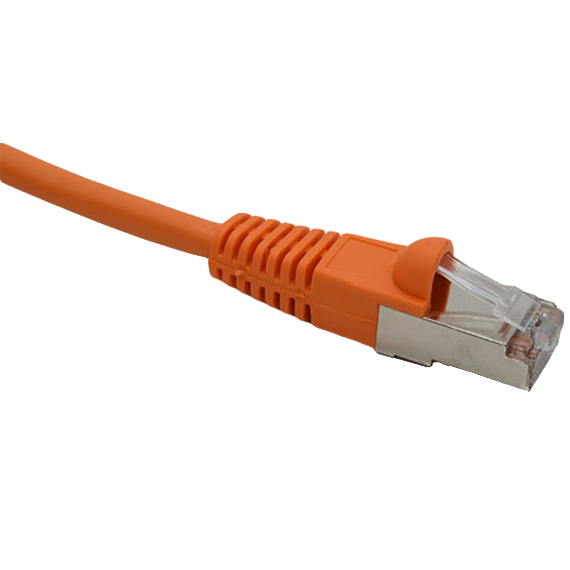Orange Cat5e shielded Ethernet cable with clear connector on a white background