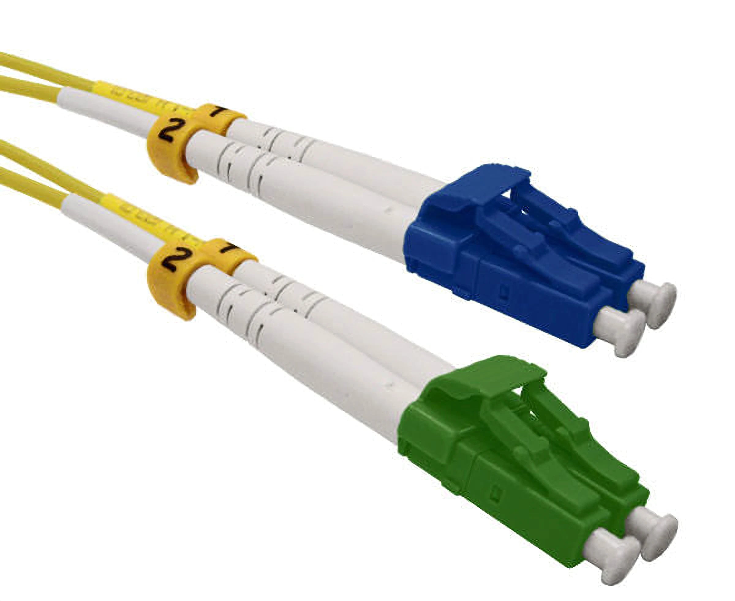 A pair of duplex LC APC connectors with green body and a pair of LC UPC connectors with blue body.