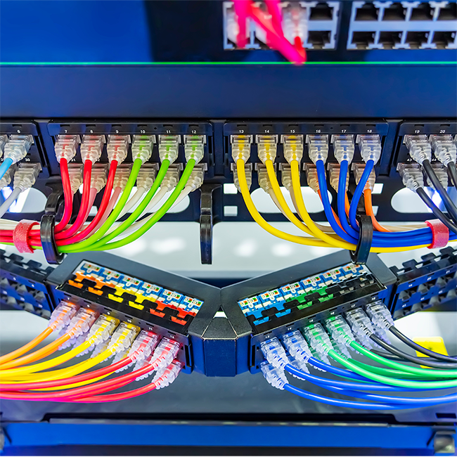 Network switch with colorful cables connected