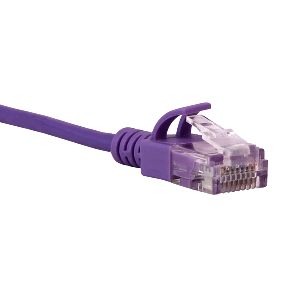 Purple Cat6 slim Ethernet cable with clear connector on a white background