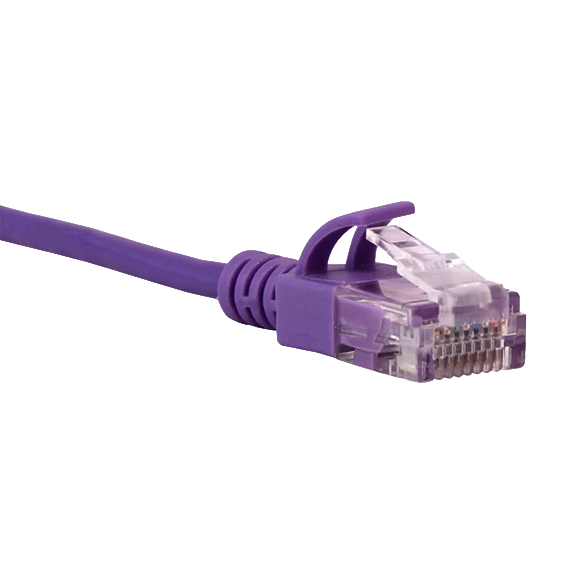 Purple Cat6a slim Ethernet cable with clear connector on a white background