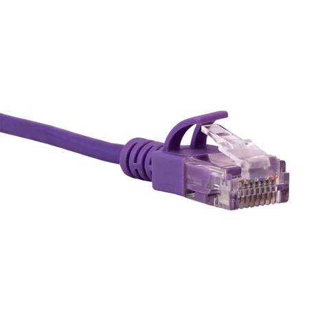 Purple Cat6a slim Ethernet cable with clear connector on a white background