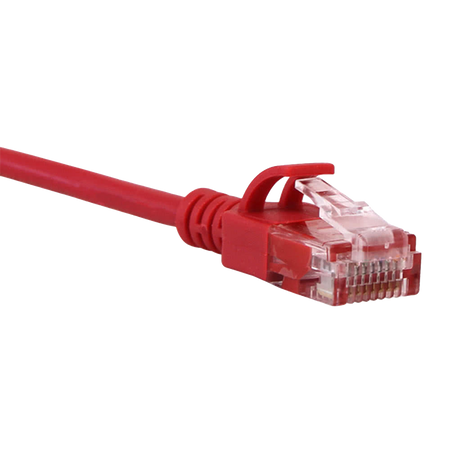 Red Cat6a slim Ethernet cable with clear connector on a white background