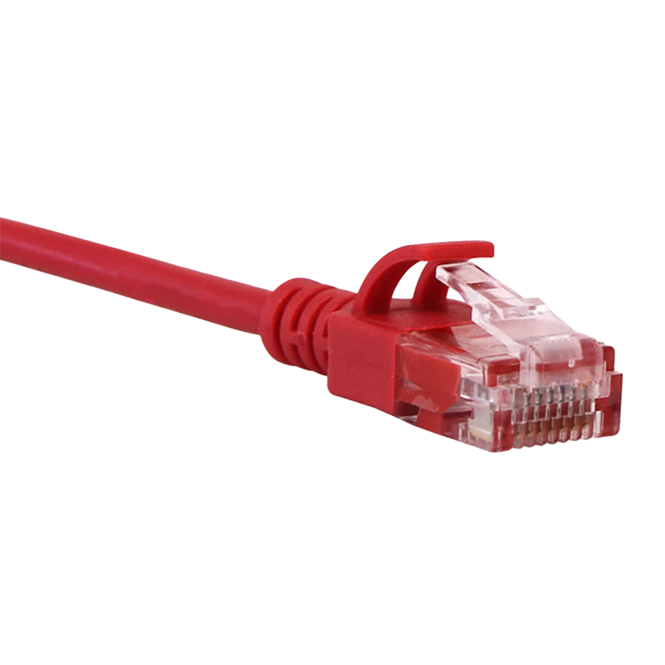 Red Cat6a slim Ethernet cable with clear connector on a white background