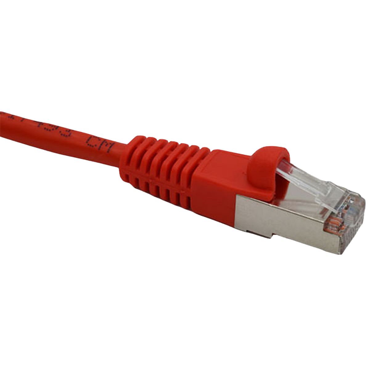 Red Cat6 double-shielded Ethernet cable with clear connector on a white background