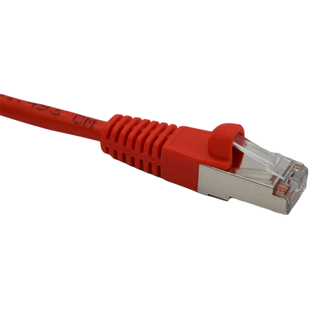 Red Cat6 double-shielded Ethernet cable with clear connector on a white background