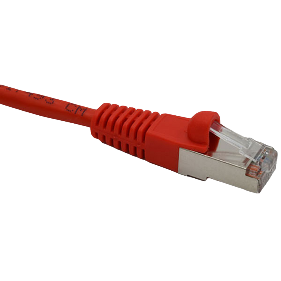 Red Cat5e shielded Ethernet cable with clear connector on a white background