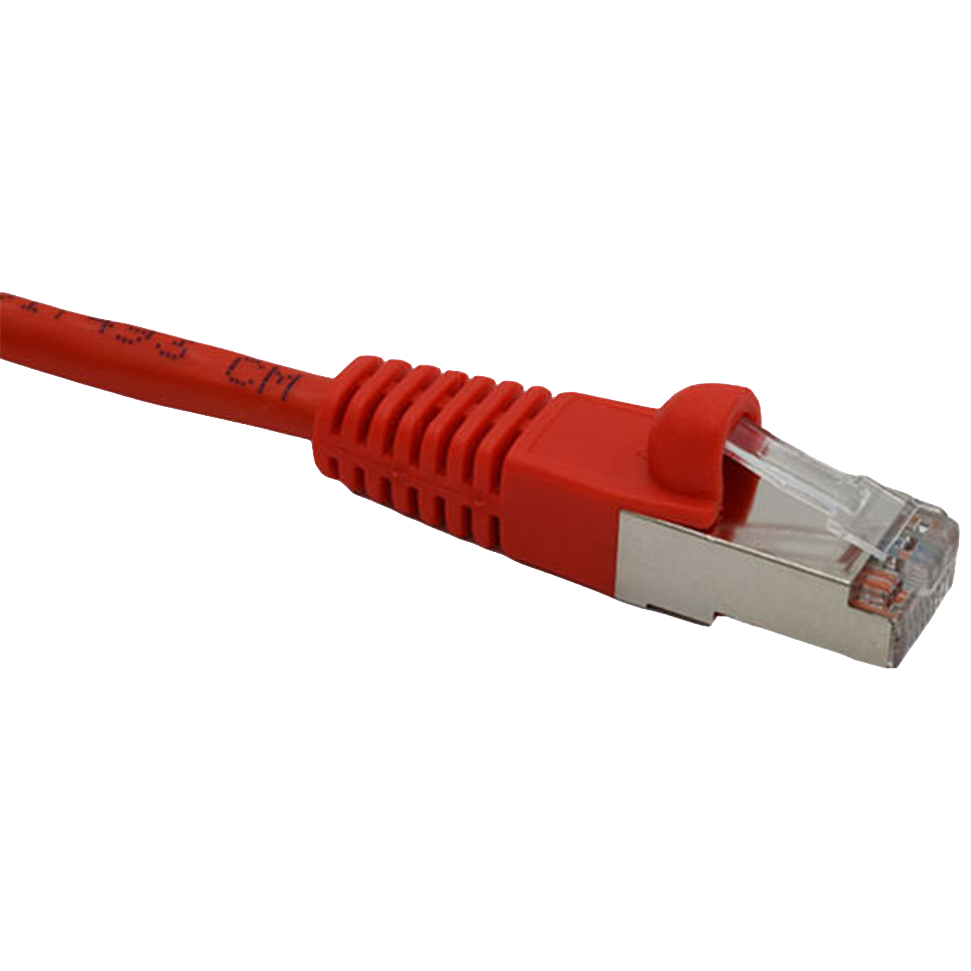 Red Cat5e shielded Ethernet cable with clear connector on a white background