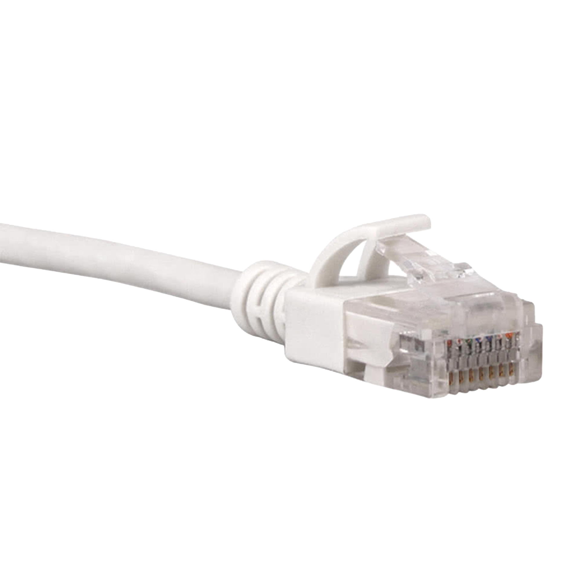 White Cat6 slim Ethernet cable with clear connector on a white background