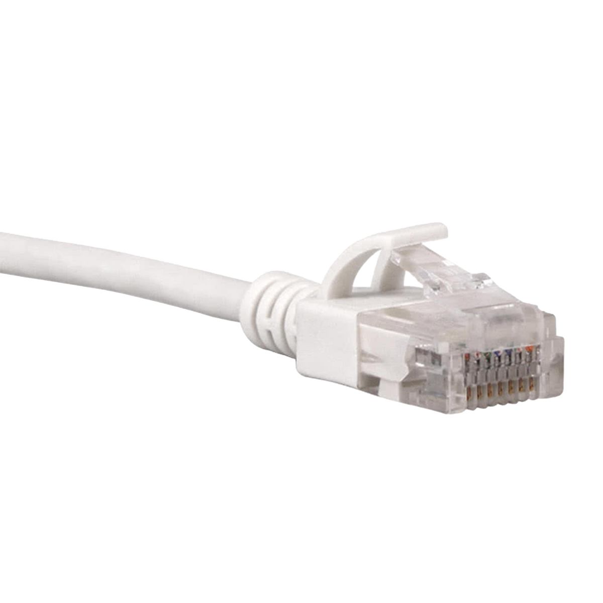 White Cat6a slim Ethernet cable with clear connector on a white background