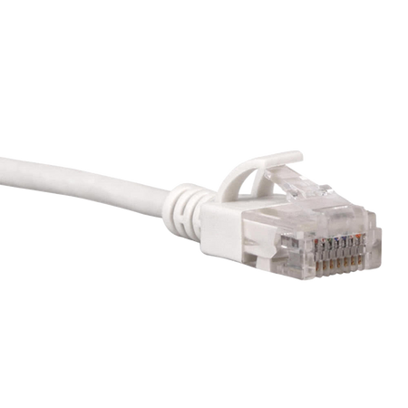 White Cat6a slim Ethernet cable with clear connector on a white background