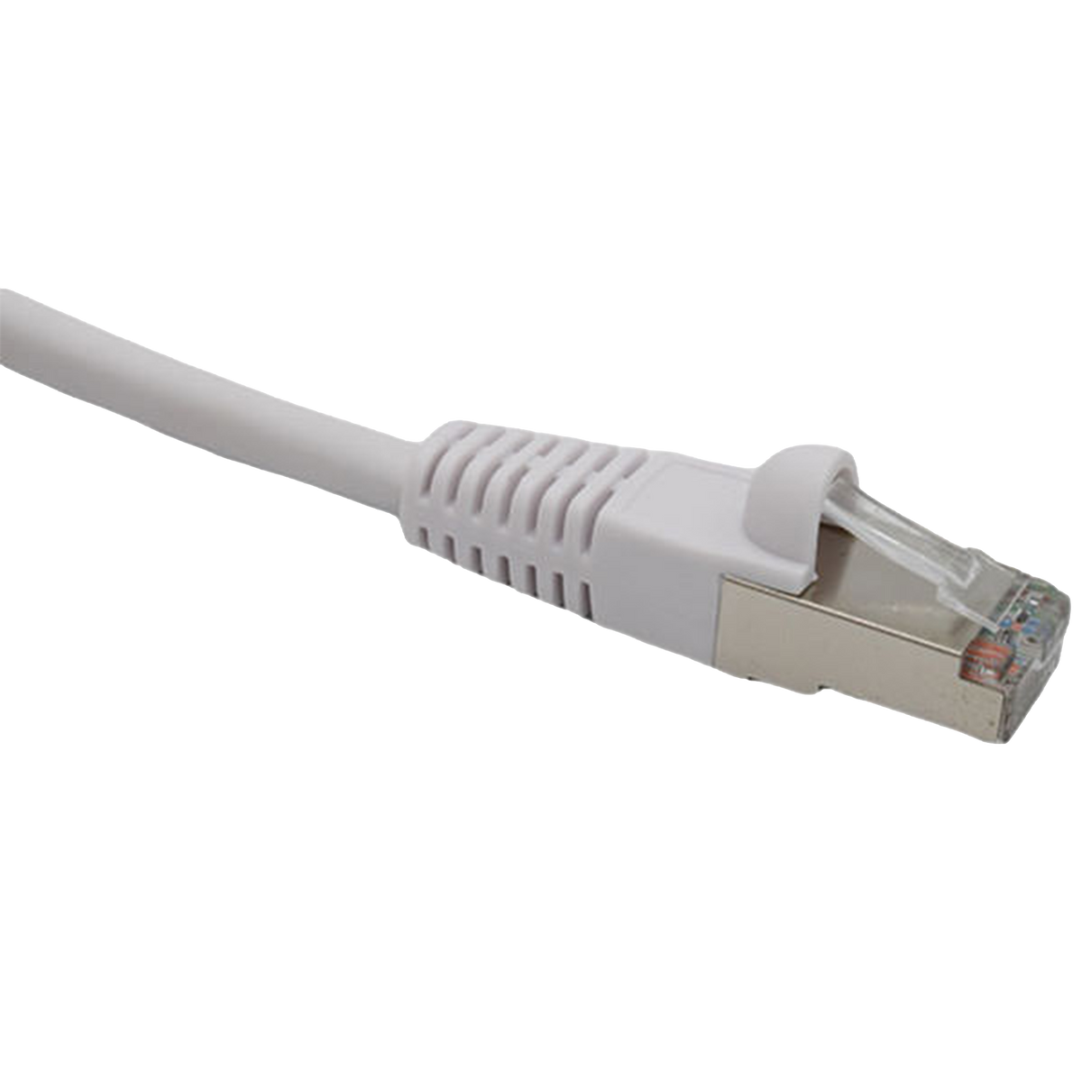 White Cat6 double-shielded Ethernet cable with RJ45 connector on a white background