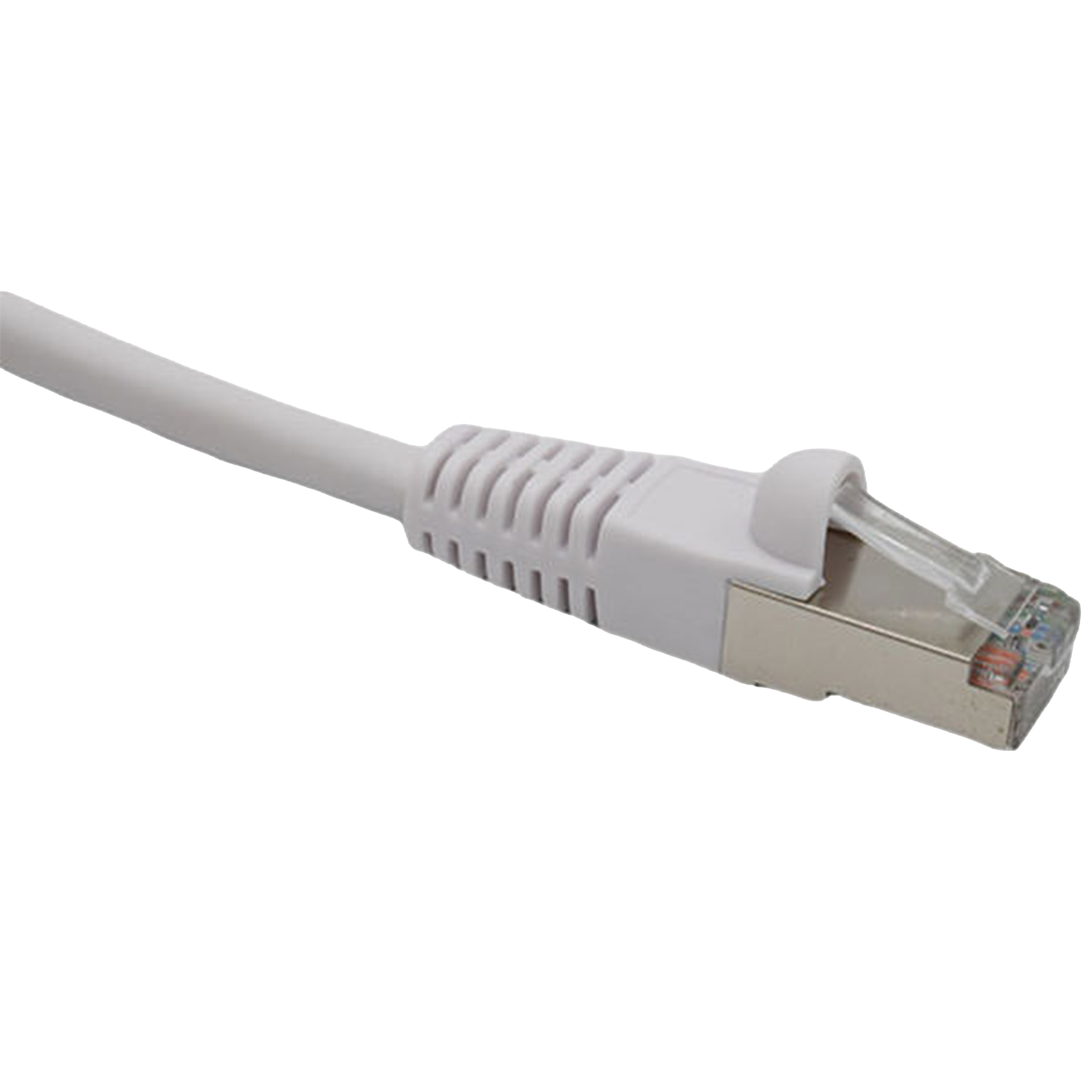 White Cat5e shielded Ethernet cable with RJ45 connector on a white background