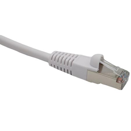 White Cat5e shielded Ethernet cable with RJ45 connector on a white background