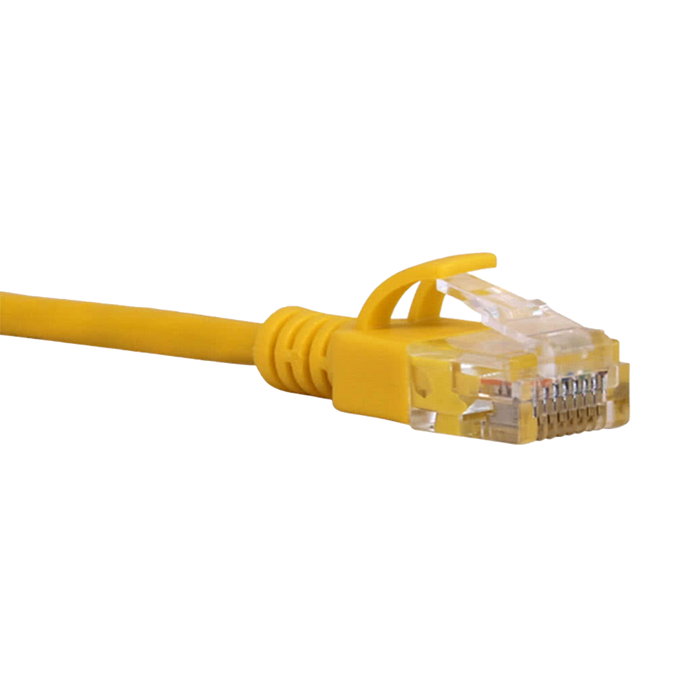 Yellow Cat6 slim Ethernet cable with clear connector on a white background