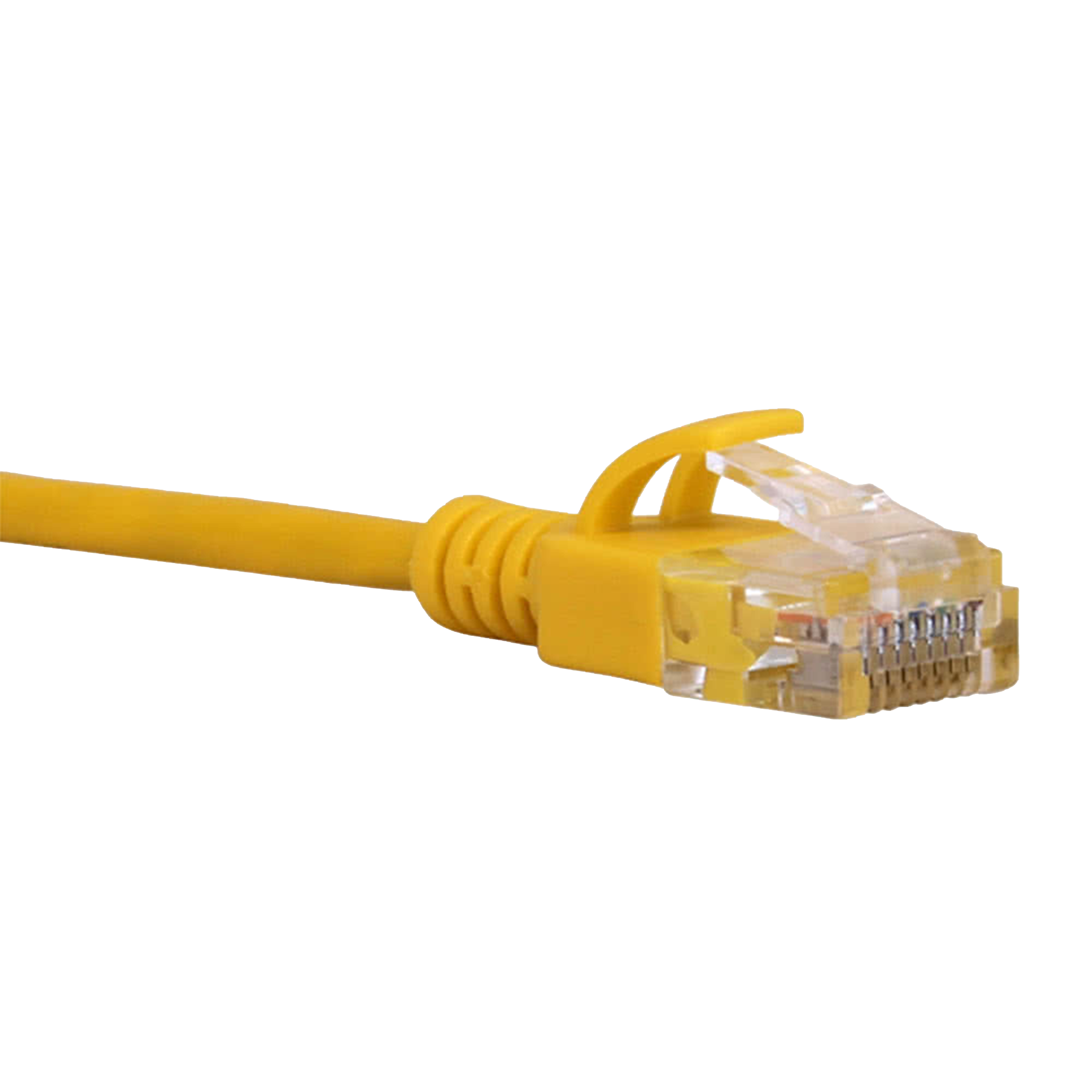 Yellow Cat6a slim Ethernet cable with clear connector on a white background