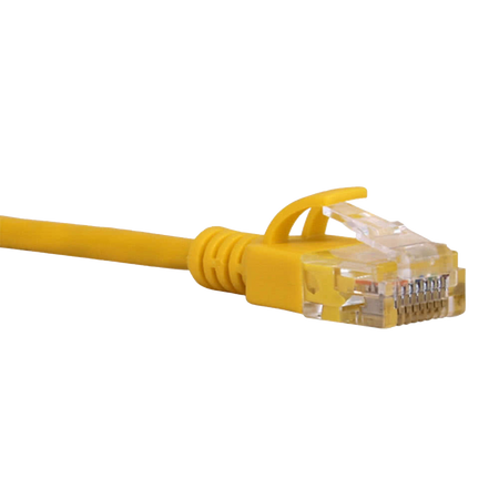Yellow Cat6a slim Ethernet cable with clear connector on a white background