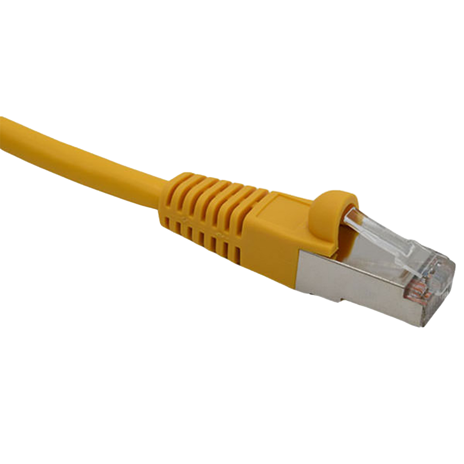 Yellow Cat6 double-shielded Ethernet cable with clear connector on a white background