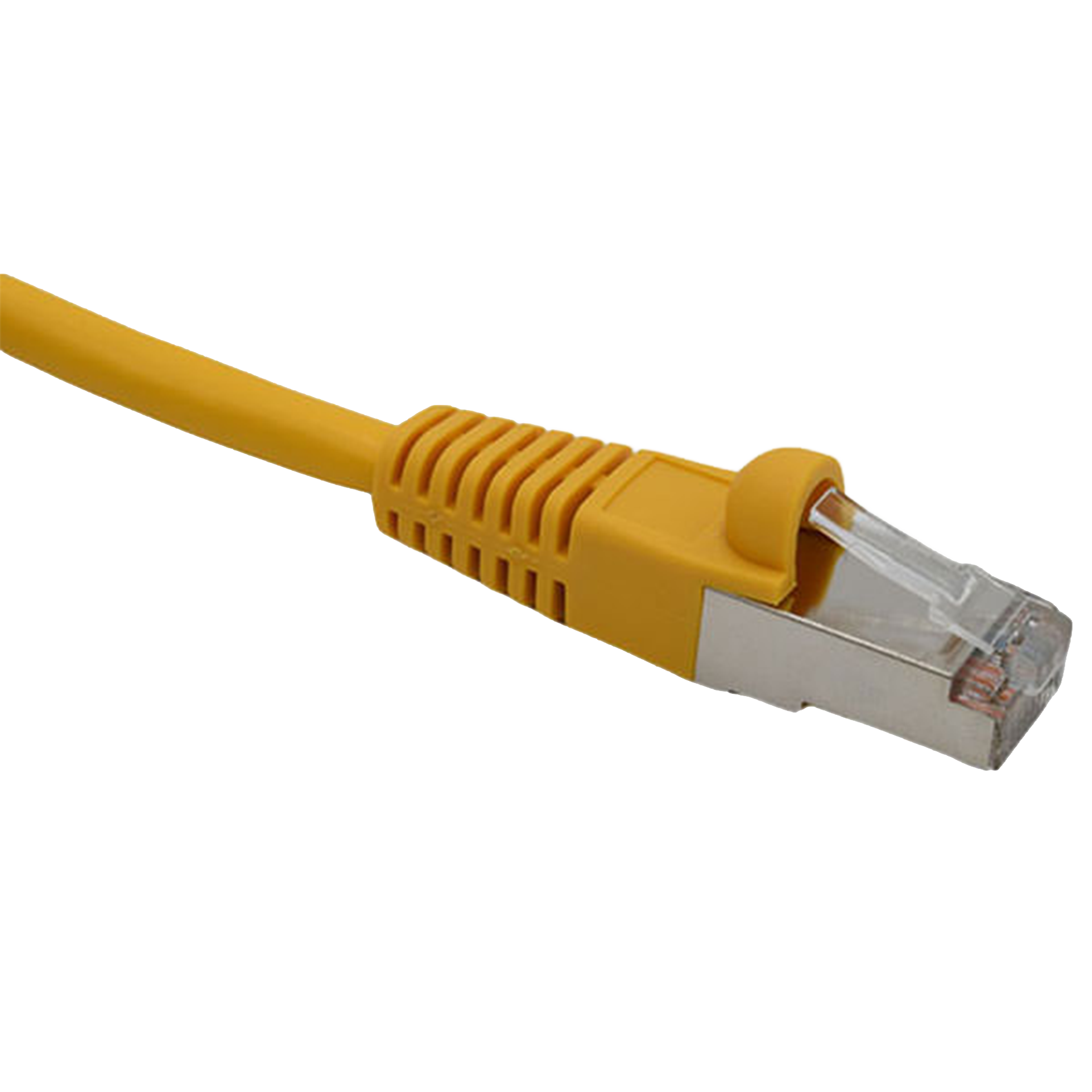 Yellow Cat5e shielded Ethernet cable with clear connector on a white background