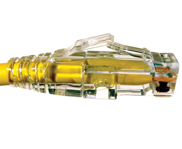 Strain relief boot for shielded cat5e ez-rj45 modular plugs installed on yellow network cable.