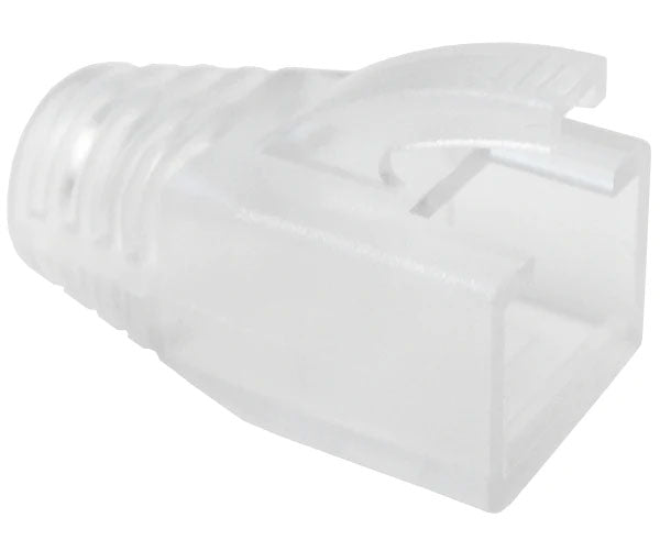7.0mm clear strain relief boot for cat5e modular plugs with tab protector.
