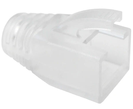 7.5mm clear strain relief boot for cat6 modular plugs with tab protector.
