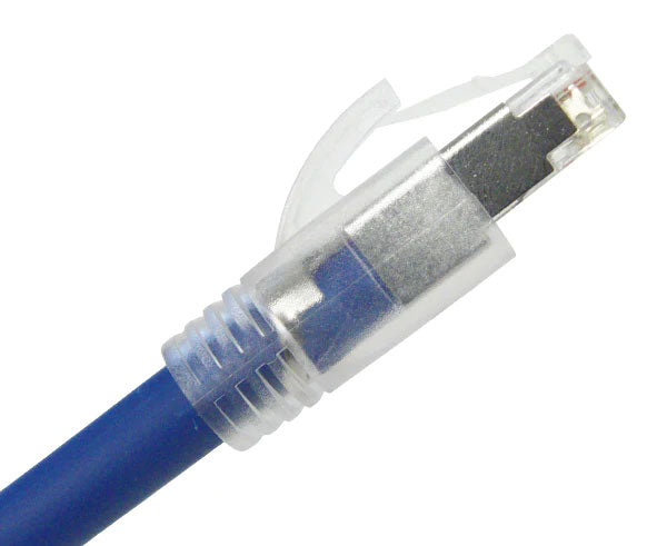 7.5mm clear strain relief boot for cat6 modular plugs installed on blue network cable.