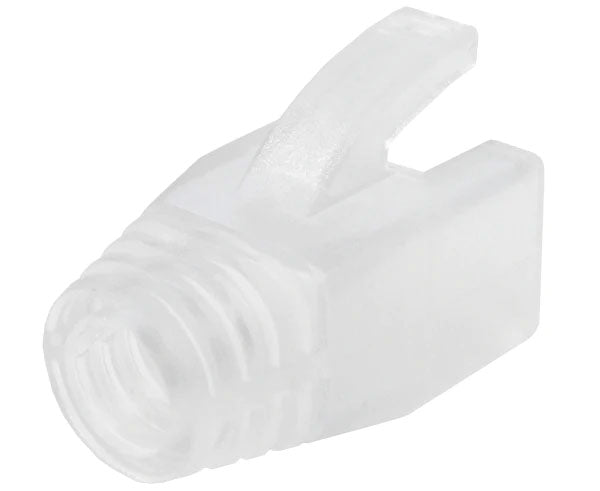 8.0mm clear strain relief boot for cat6a modular plugs showing cable entry.