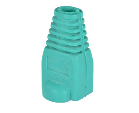 A green cat5e snagless slip-on boot with tab protector.