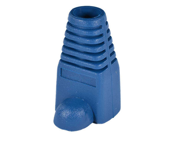 A blue cat6a snagless slip-on boot with tab protector.