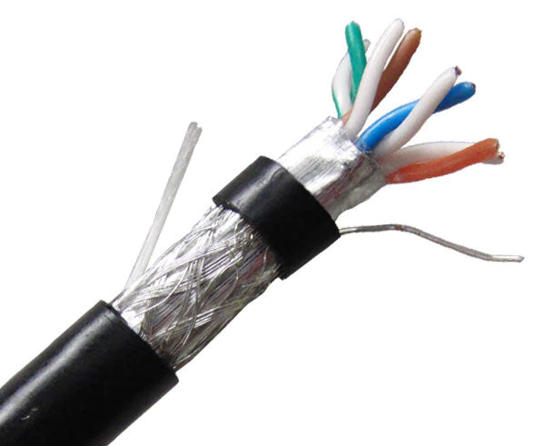 Double shielded CAT5E outdoor bulk ethernet cable with black jacket and drain wire.
